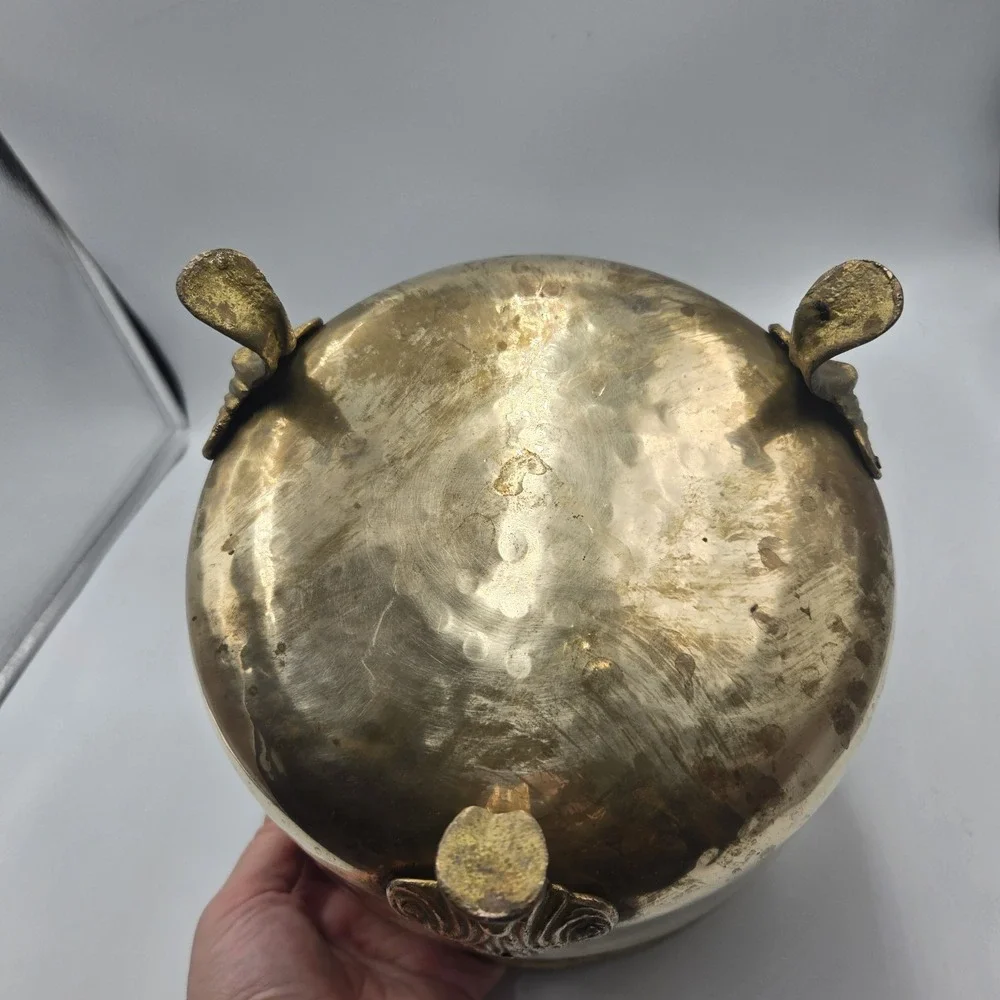 Vintage Solid Brass Hammered Planter Cachepot Claw Feet Patina Pot Large